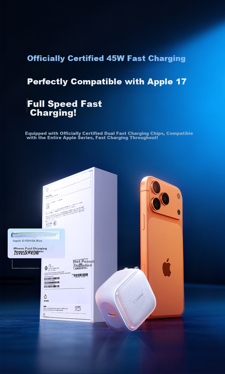 Зарядное устройство TORRAS IceCube CQ23, 45 Вт, для Apple iPhone 17, 16, 15 Pro Max, быстрая зарядка, оранжевое