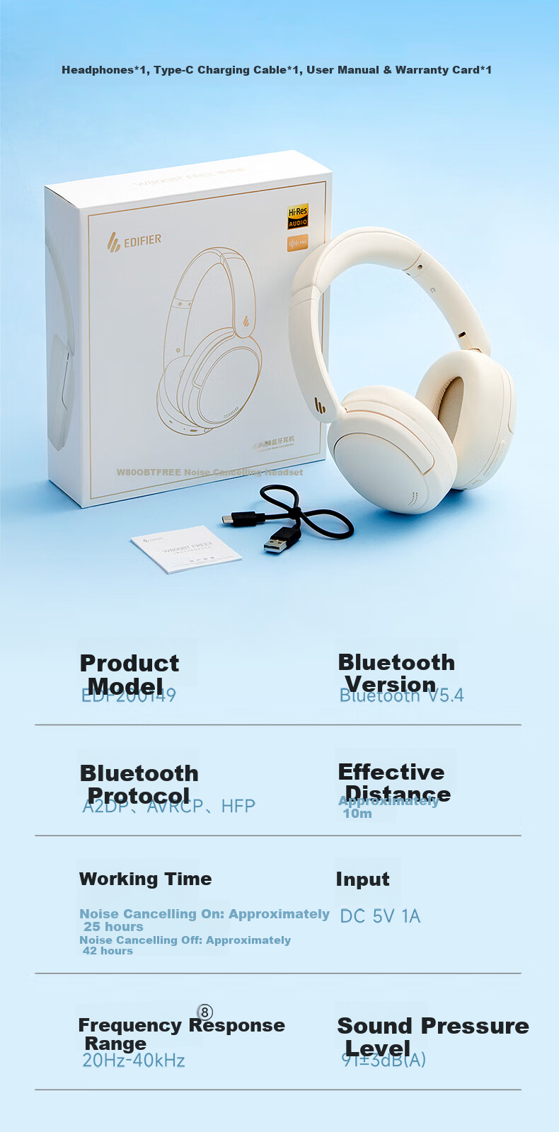 Беспроводные наушники EDIFIER W800BT Free с активным шумоподавлением, Bluetooth 5.4, 42 часа работы, синие