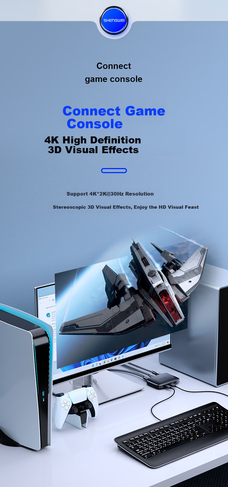 KVM-переключатель Shengwei KS-302H HDMI, 2 входа, 1 выход, 4K@30Hz, USB 2.0, для подключения двух компьютеров к одному монитору, клавиатуре и мыши