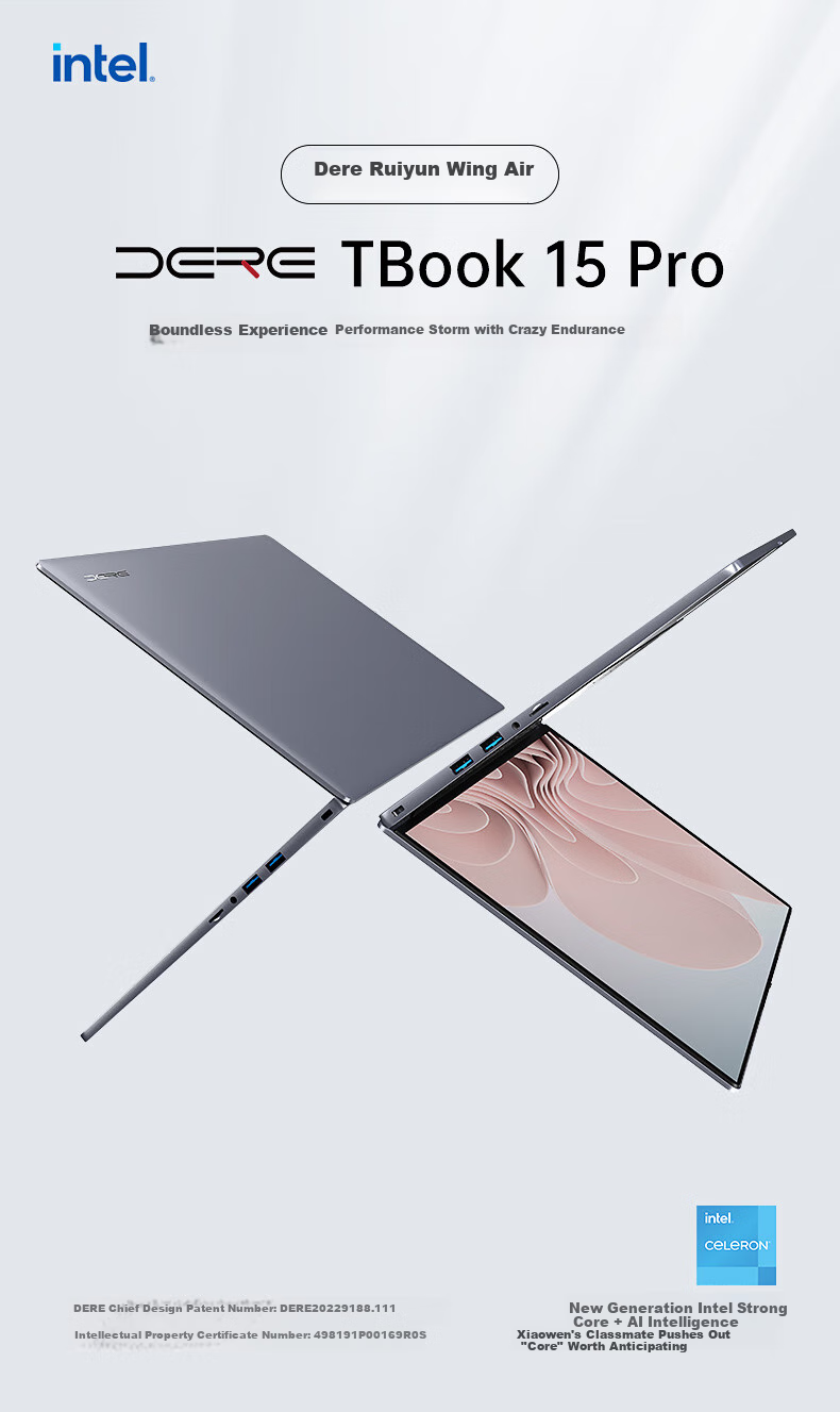 Ноутбук DERE R16 Pro, 15.6", Intel Celeron, 16 ГБ ОЗУ, 512 ГБ SSD, Windows 11, глубокий серебристо-серый