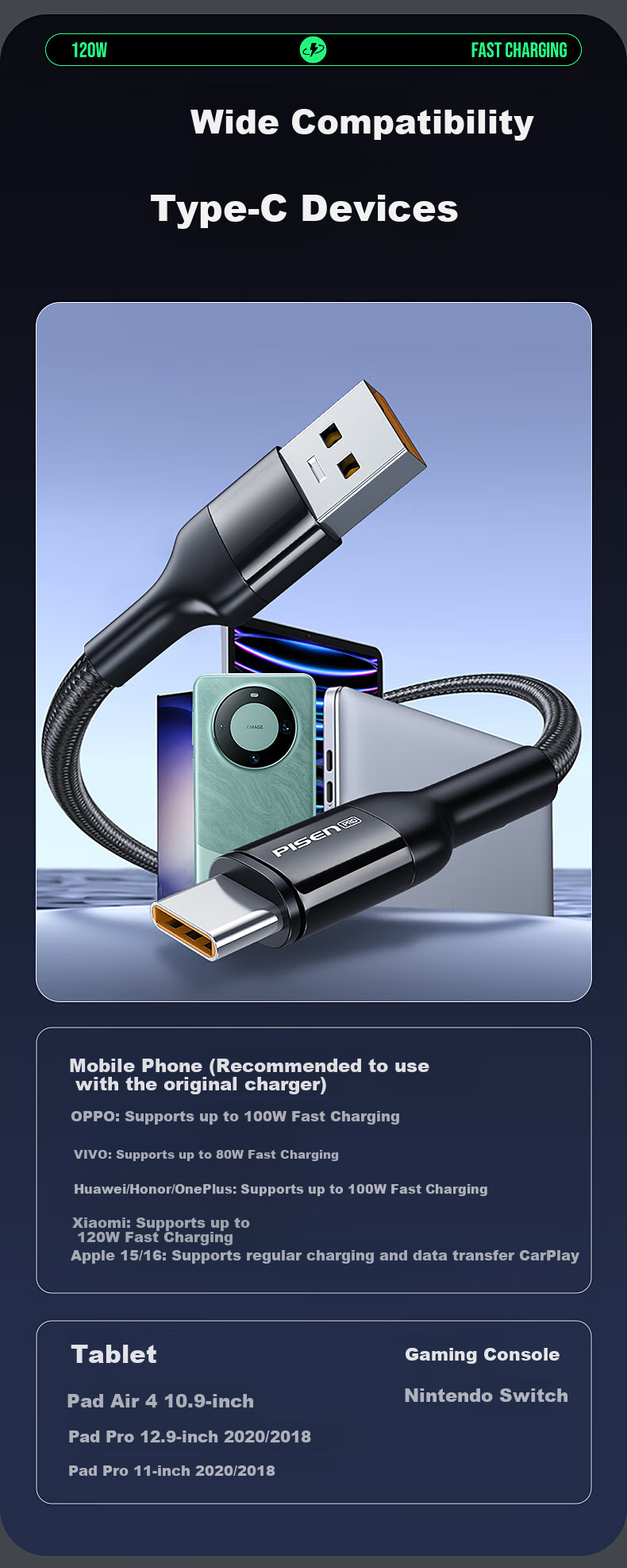 Кабель PISEN Type-C 120W