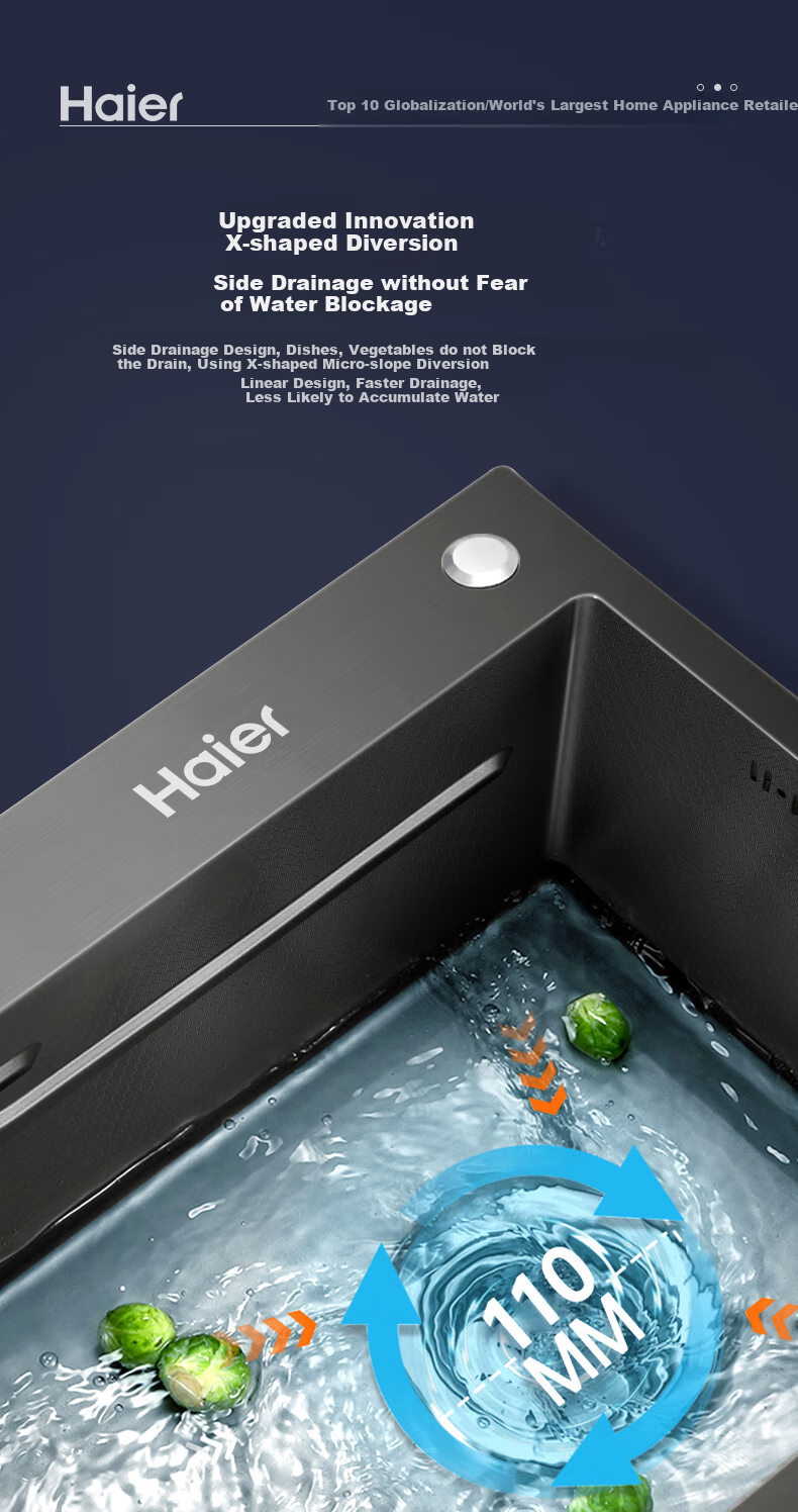 Кухонная мойка Haier H02, большая, одинарная, из нержавеющей стали 304, нано-покрытие, 75x45 см