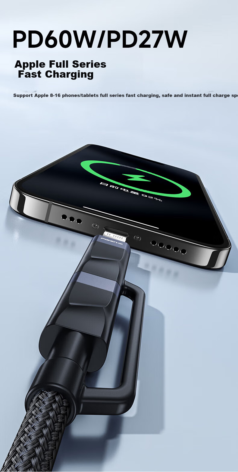 Кабель PISEN 4-в-1, Type-C PD60W, для iPhone 16/14/13, Xiaomi, Huawei P80, iPad, ноутбуков, 1.2м, черный