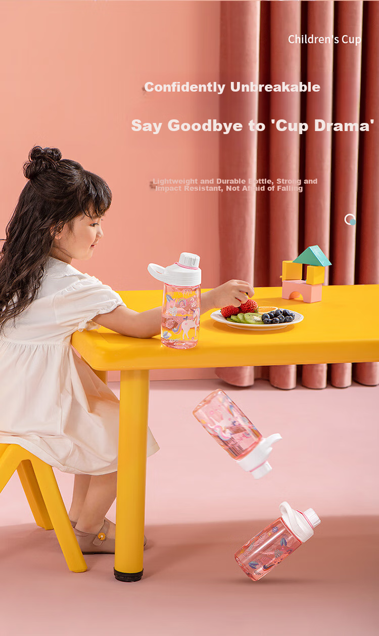 Детская бутылка для воды JEKO&JEKO 450 мл, с трубочкой, для школы и спорта, с ручкой, дизайн "Единорог"