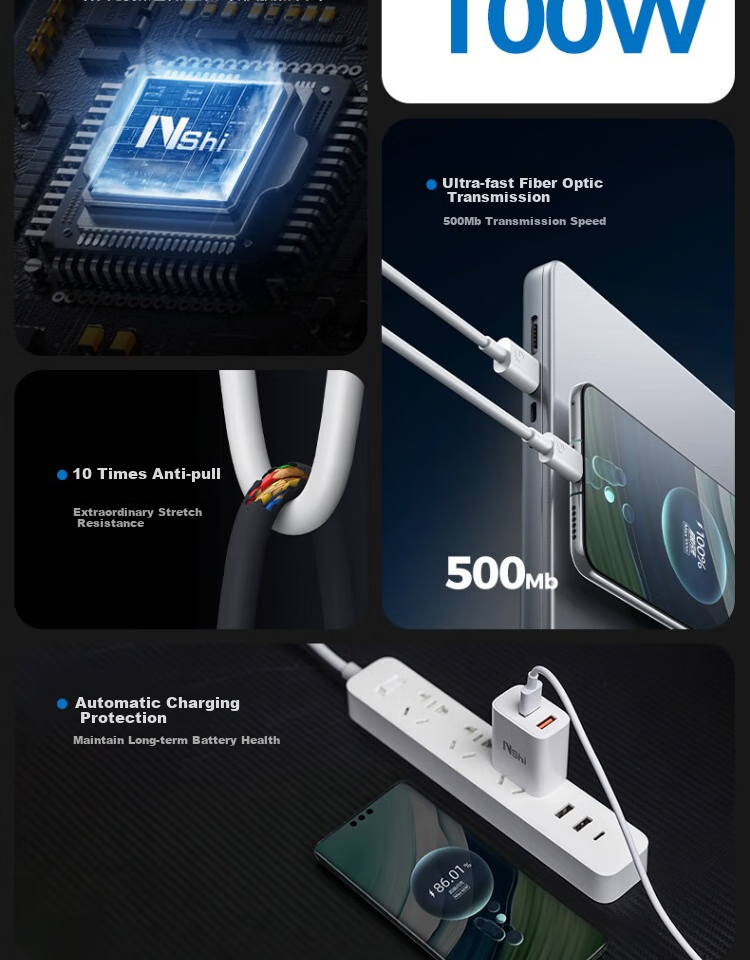 Кабель Nengshi Type-C, 6A, 100W, быстрая зарядка для Huawei, Honor, OPPO, Xiaomi, Android, 1 метр, белый
