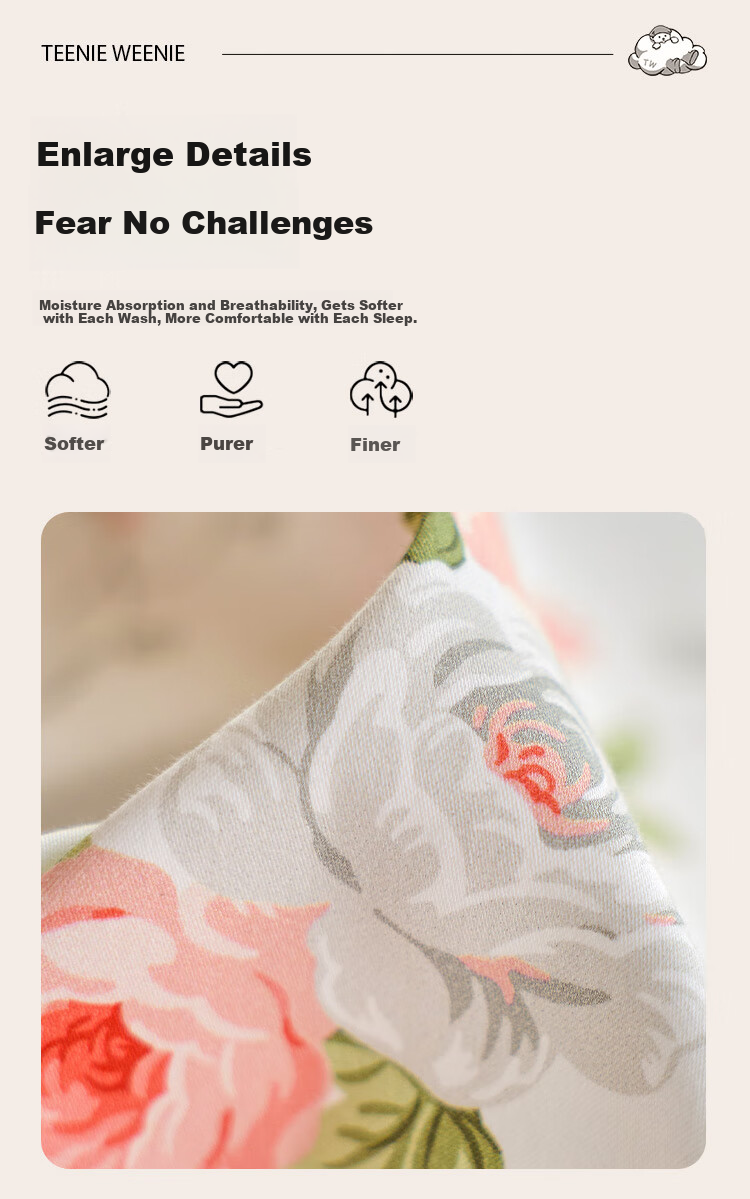 Комплект постельного белья TEENIE WEENIE Cotton Print Embroidery, размер 1.5/1.8м, цвет "Цветочный + нежно-розовый"