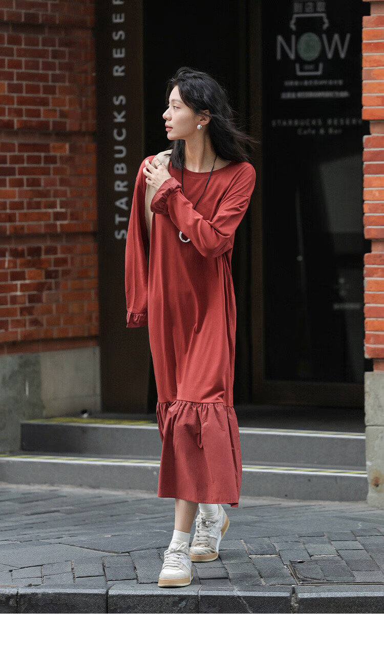 Платье Demana 2025 Spring Basic Versatile Patchwork Hem Crew Neck Pullover Long Sleeve Long Dress, размер S, кирпично-красный