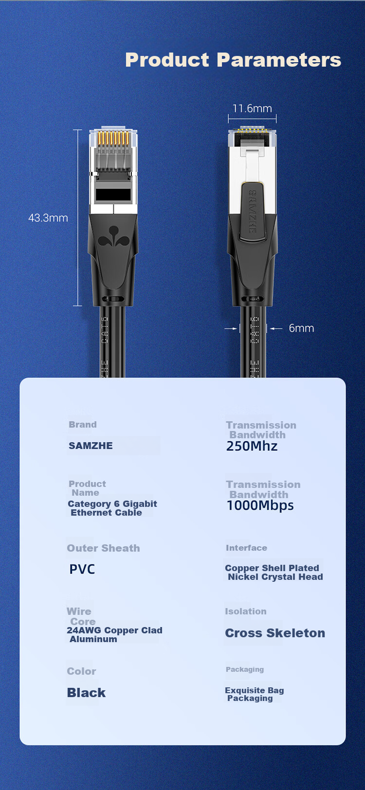 Сетевой кабель SAMZHE CAT6 Gigabit Ethernet, 8-жильный витой экран, 20 метров, черный GWD6200