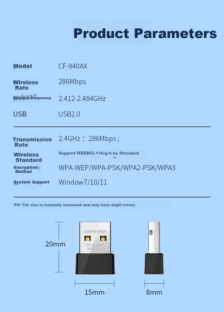 Wi-Fi адаптер COMFAST CF-940AX, USB, 2.4 ГГц, 286 Мбит/с, драйвер-фри, встроенная антенна, для ПК и ноутбуков