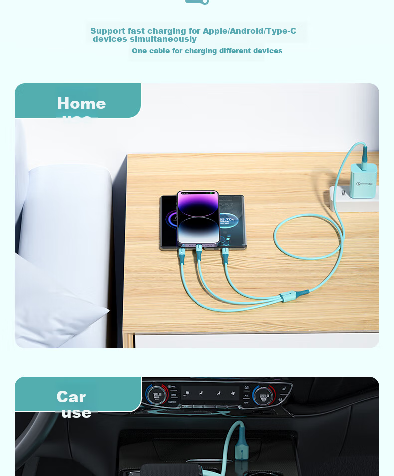Кабель Nengshi Three-In-One, 1.5м, Синий, 66W, с разъемами Type-C, Lightning, Micro-USB