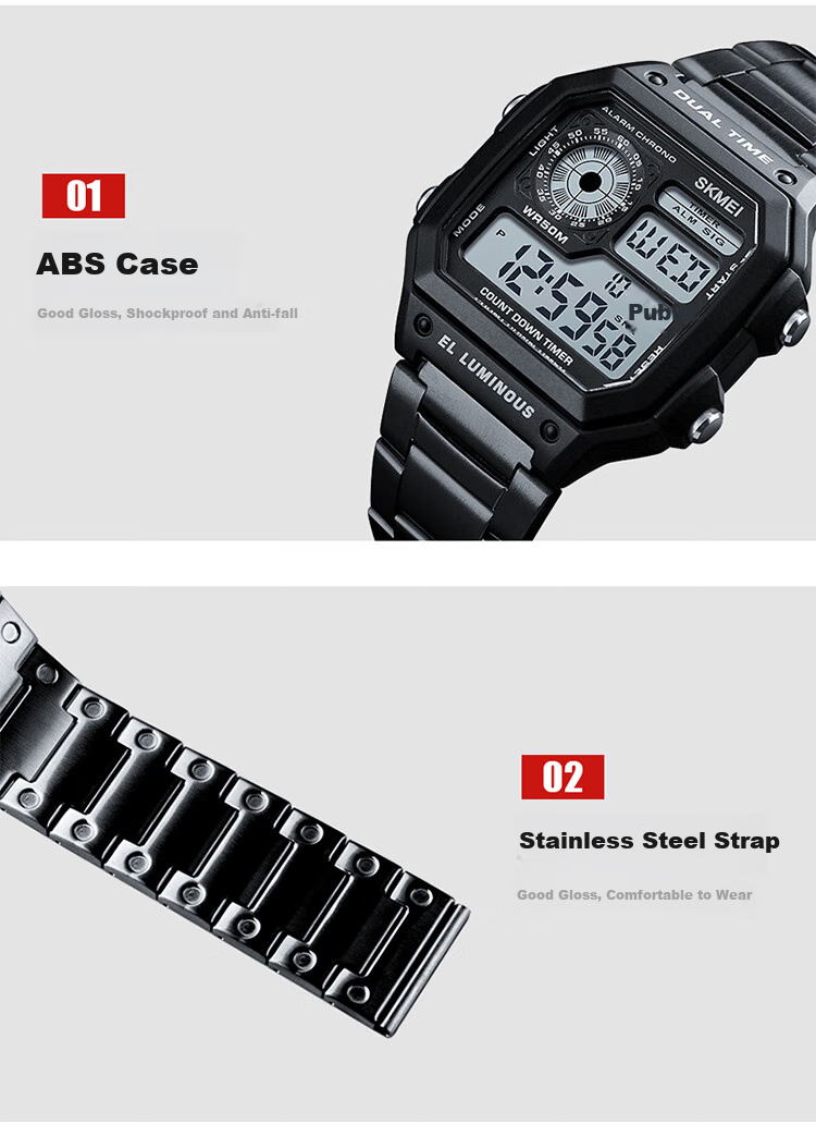 Skmei Student Watch Square High-End for Middle And High School Students, Waterproof Alarm Clock Sports Steel Band Electronic Watch for Men 1335