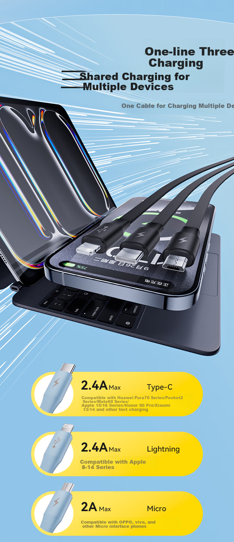 Кабель PISEN для зарядки 3-в-1, универсальный, Type-C, Lightning, Micro USB, выдвижной, 1.1м, белый