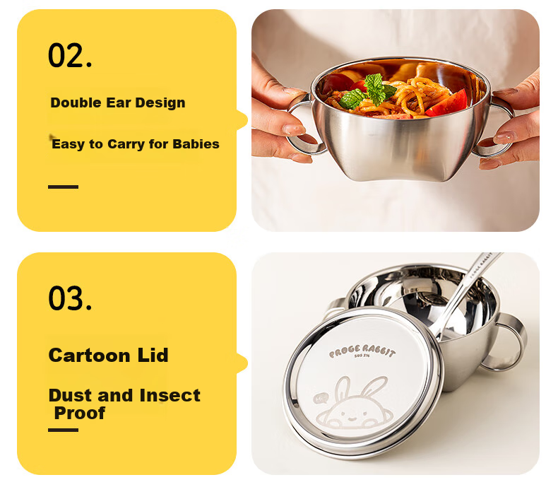 Детская миска Onlycook с двойными ручками и крышкой, 316 нержавеющая сталь, 300 мл, с рисунком космо-панды