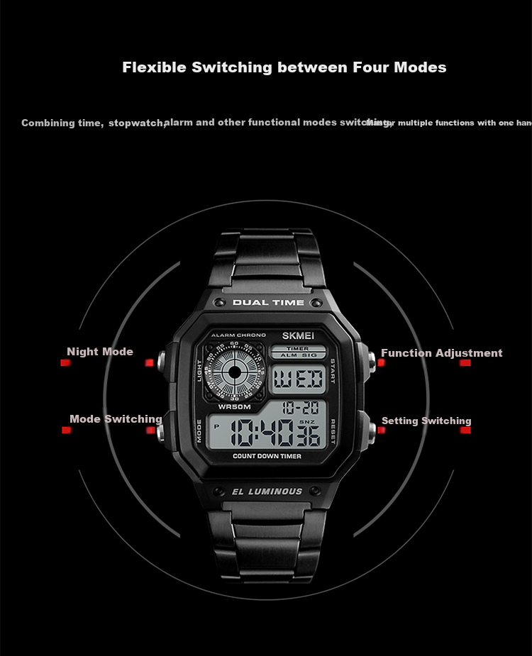 Skmei Student Watch Square High-End for Middle And High School Students, Waterproof Alarm Clock Sports Steel Band Electronic Watch for Men 1335