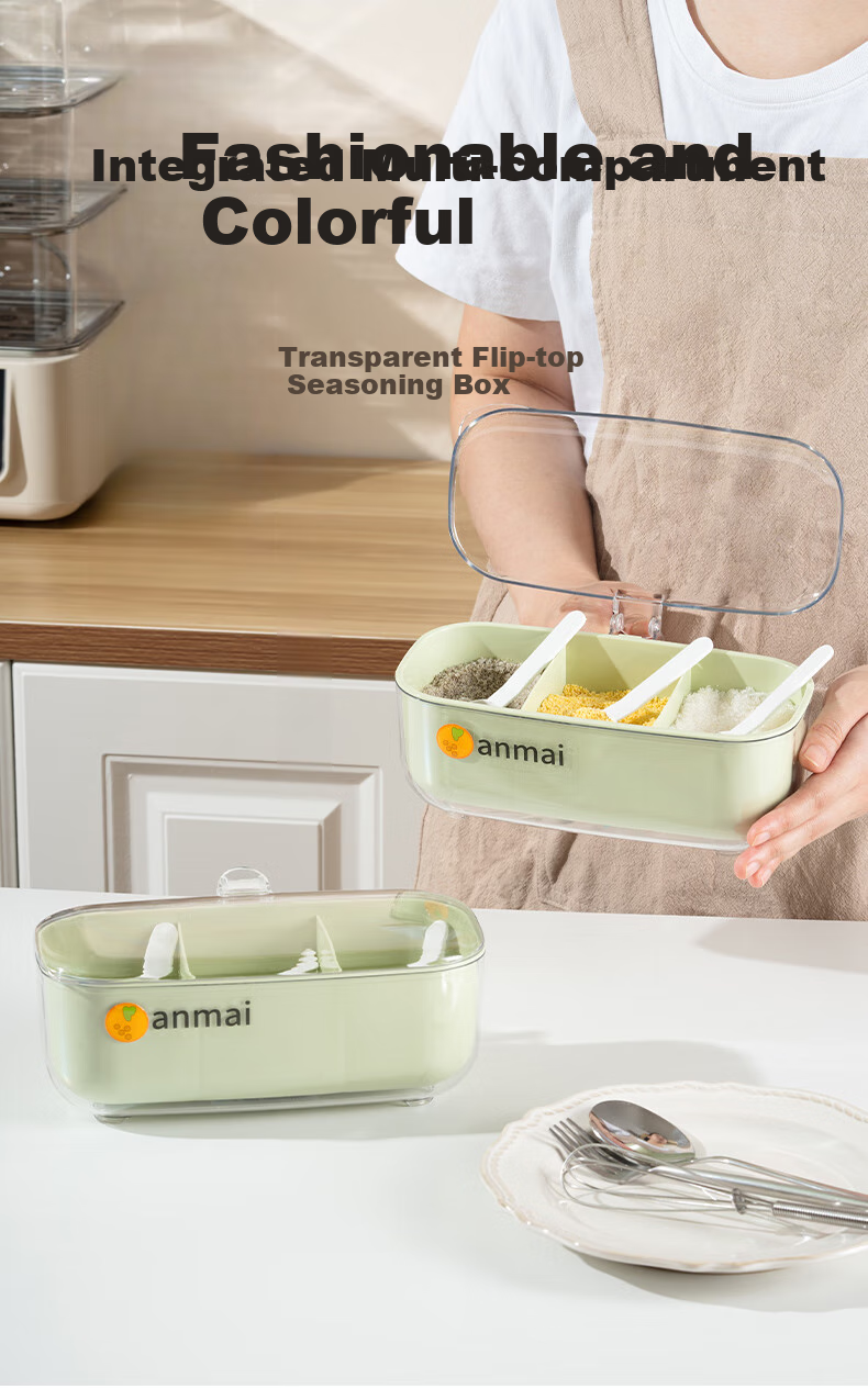 Набор Anmai из трех отделений для специй с 3 ложками, домашний кухонный контейнер для приправ, глутамата натрия и соли