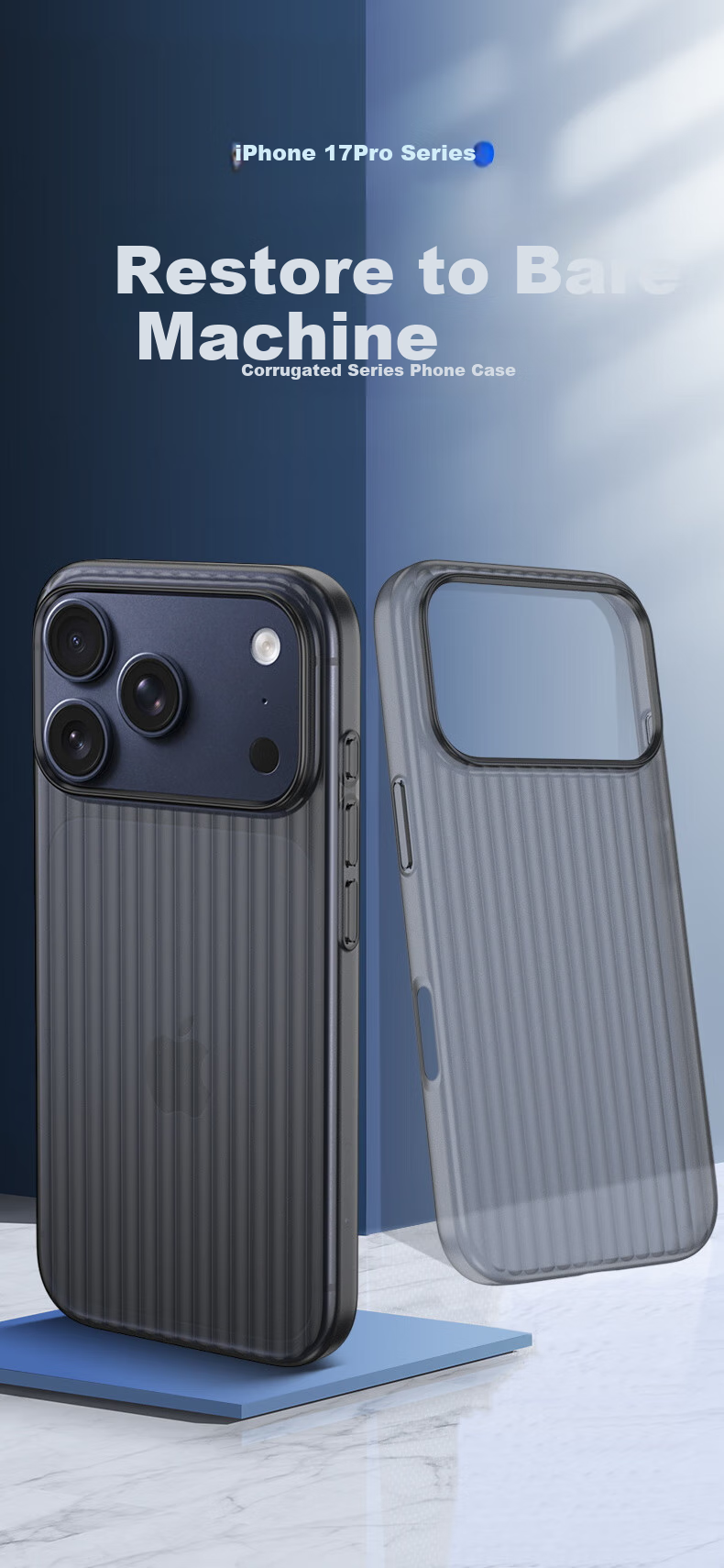Чехол для Apple iPhone 17 Pro KMaxAI, ультратонкий, матовый PP, полное покрытие, защита от отпечатков пальцев, полупрозрачный, с гофрированным узором, прозрачно-черный