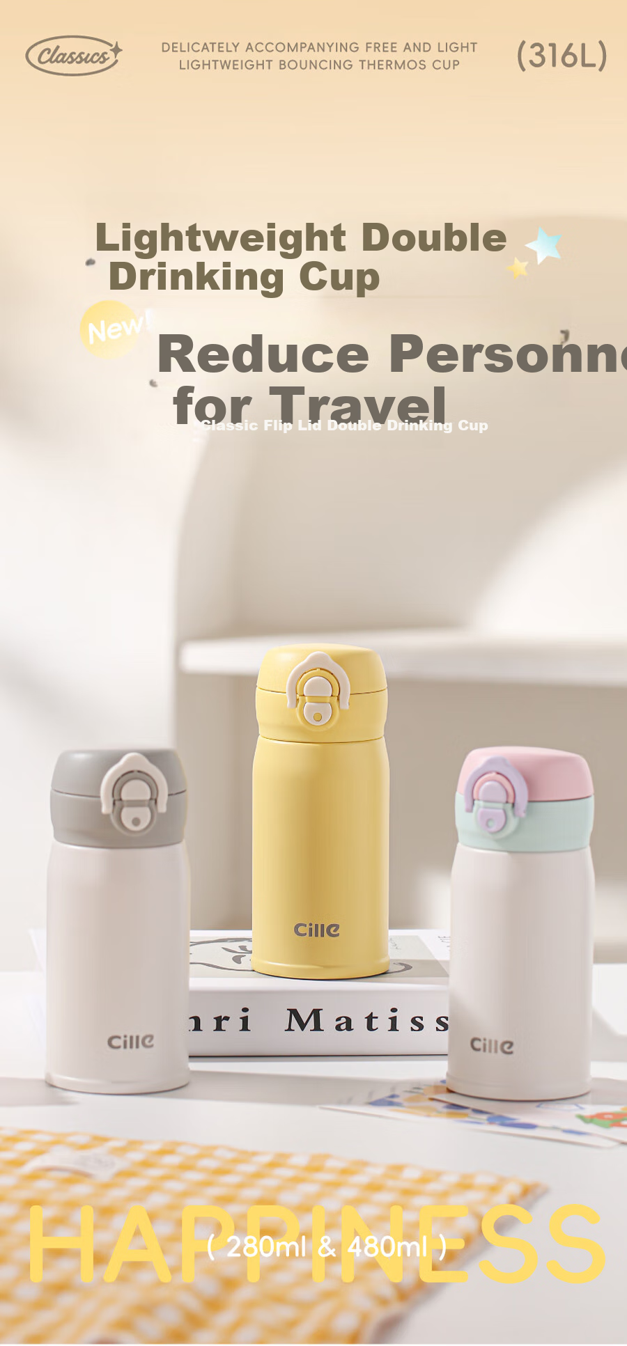 Термокружка Cille Insulated Mug, 316 Нержавеющая сталь, большой объем, студенческая бутылка для воды, для мужчин и женщин, портативная для улицы, с откидной крышкой, с соломинкой, 480 мл, цвет "Таохуафэнь"