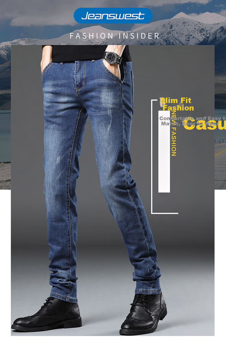 Джинсы мужские Jeanswest, модель 2025 Осень-Зима, мягкий хлопок, стрейч, зауженный крой, модные принтованные брюки, темно-синие, размер 34