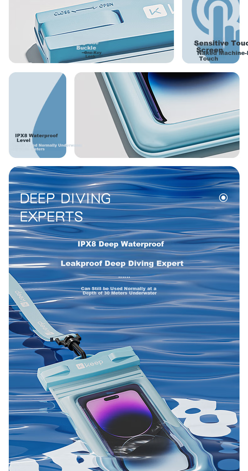 Водонепроницаемый чехол для телефона Keep, с сенсорным экраном, для плавания, доставки еды, герметичный пакет, рафтинга, дайвинга, горячих источников, с ремешком или шейным ремешком
