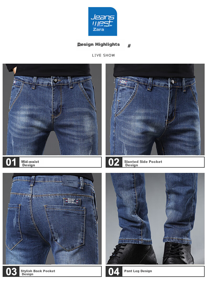 Джинсы мужские Jeanswest, модель 2025 Осень-Зима, мягкий хлопок, стрейч, зауженный крой, модные принтованные брюки, темно-синие, размер 34