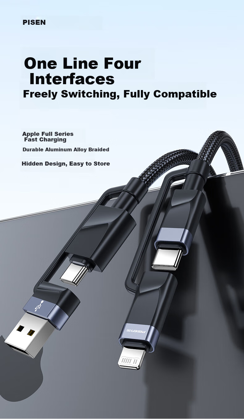 Кабель PISEN 4-в-1, Type-C PD60W, для iPhone 16/14/13, Xiaomi, Huawei P80, iPad, ноутбуков, 1.2м, черный