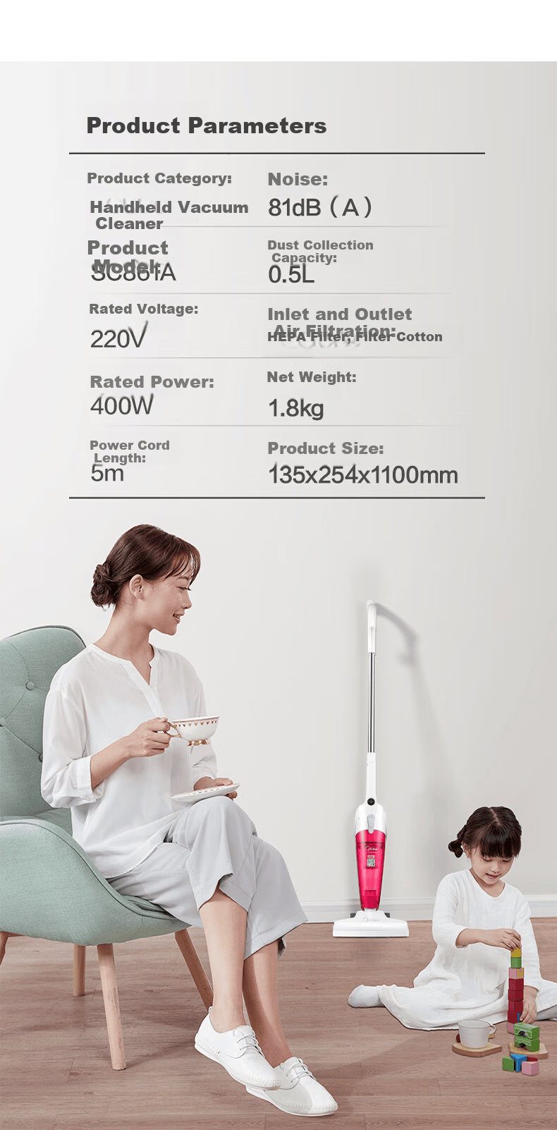 Пылесос Midea SC861A, ручной, проводной, 400 Вт, 15000 Па, 0.5 л, 1.8 кг