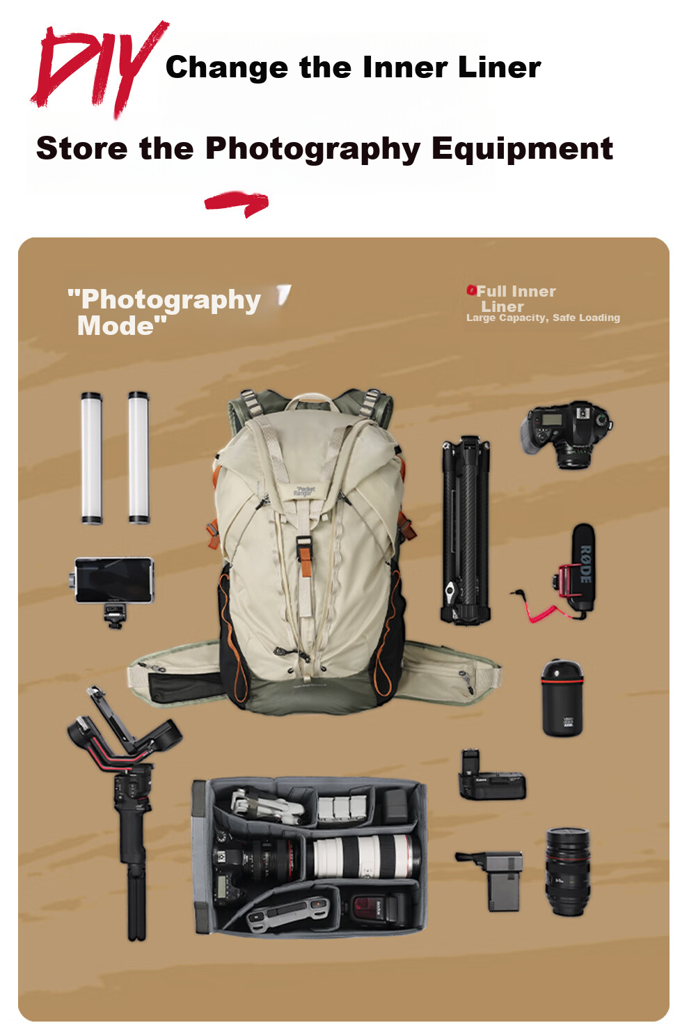 Рюкзак VSGO Pocket Ranger, 25л, для фототехники, путешествий и хайкинга, бежево-зеленый