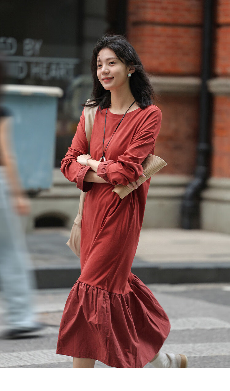Платье Demana 2025 Spring Basic Versatile Patchwork Hem Crew Neck Pullover Long Sleeve Long Dress, размер S, кирпично-красный