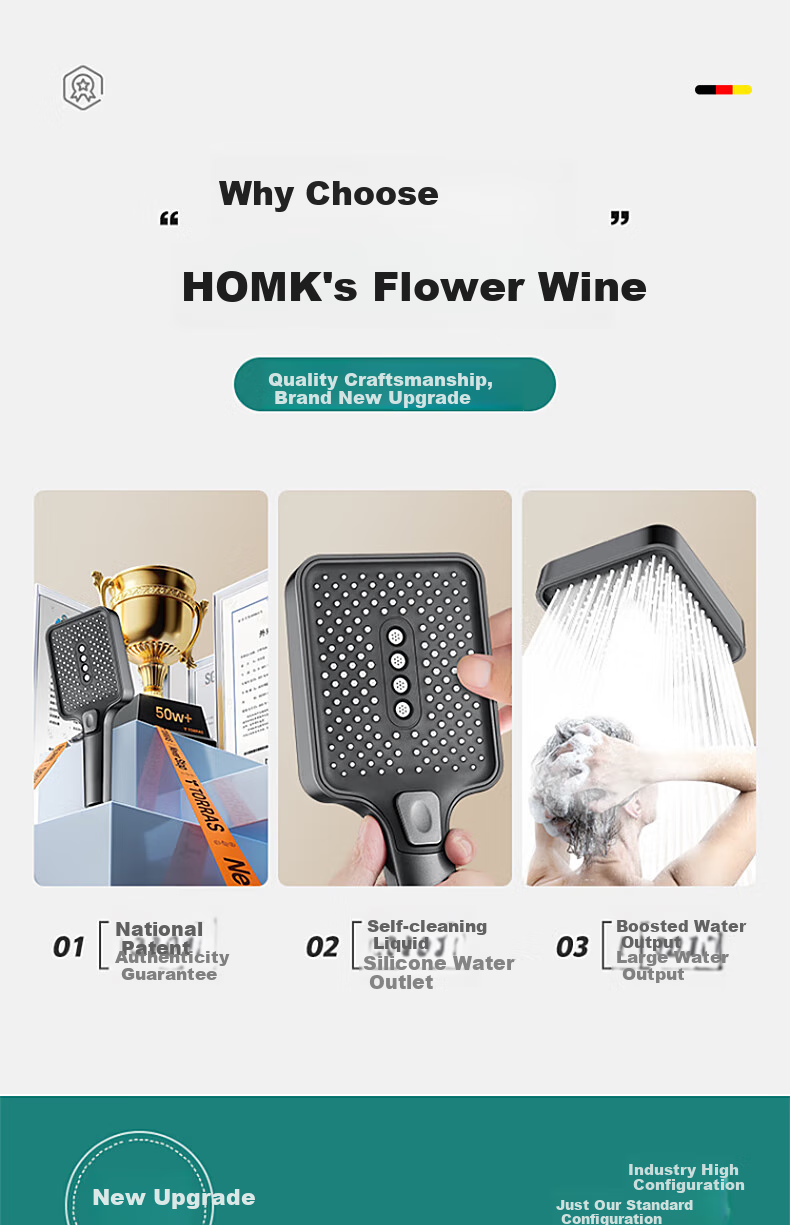 Душевая лейка HOMK SL-002, Германия, ручная, однорежимная, ABS пластик, 2 режим распыления, 186 отверстий
