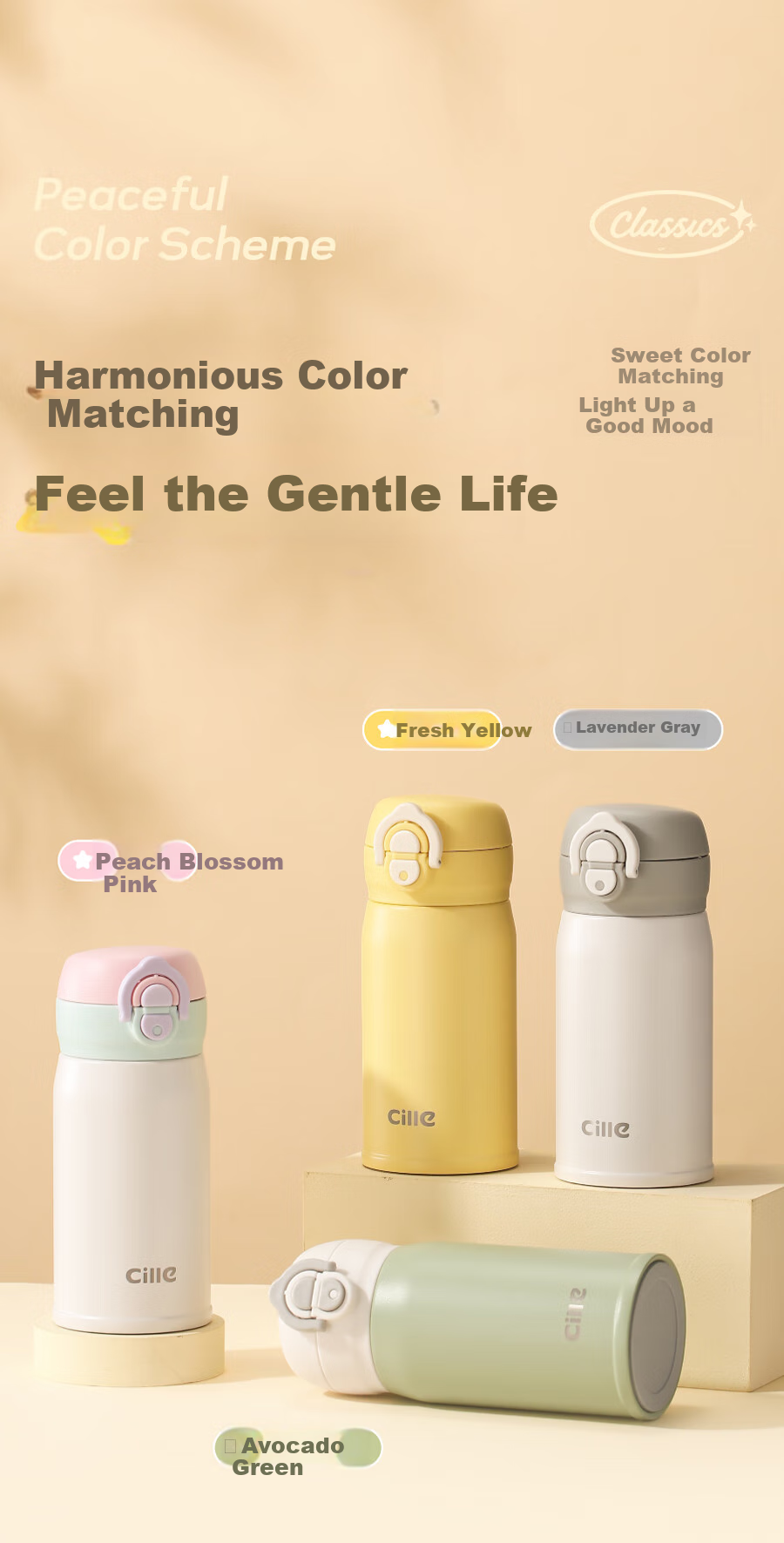 Термокружка Cille Insulated Mug, 316 Нержавеющая сталь, большой объем, студенческая бутылка для воды, для мужчин и женщин, портативная для улицы, с откидной крышкой, с соломинкой, 480 мл, цвет "Таохуафэнь"