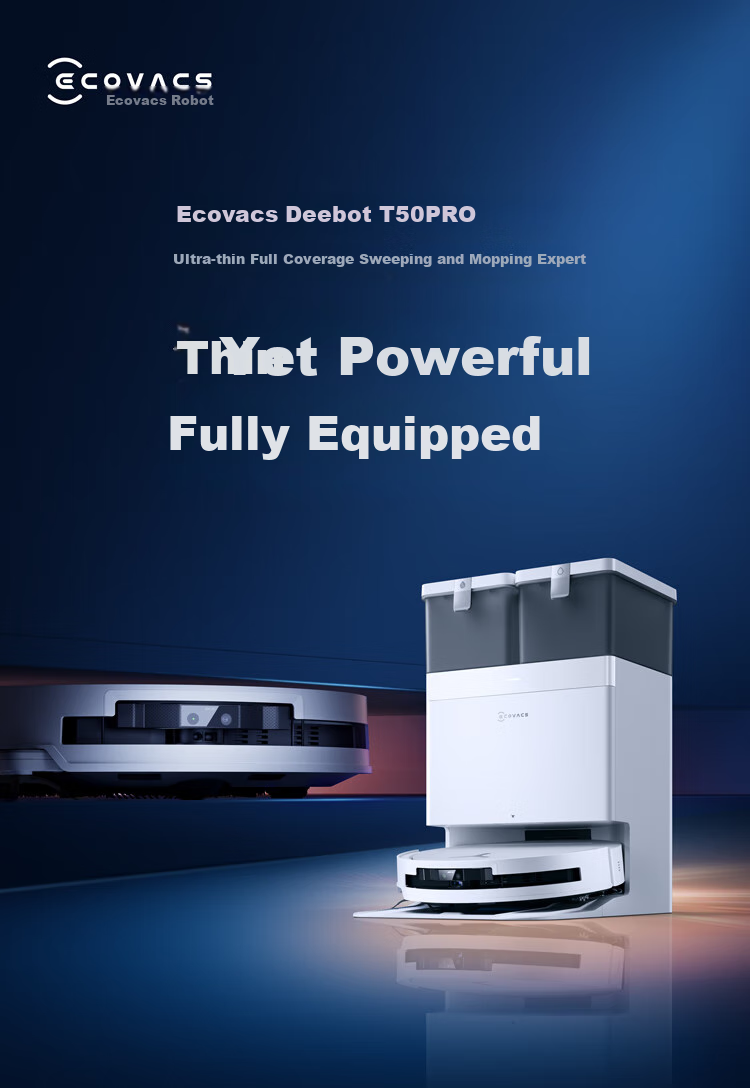 Робот-пылесос ECOVACS T50 PRO с функцией влажной уборки, автоматической очисткой, сбором пыли, интеллектуальным домашним использованием, двойными механическими рычагами, обнаружением волос, версией резервуара для воды с нулевым запутыванием (совместим с HarmonyOS)