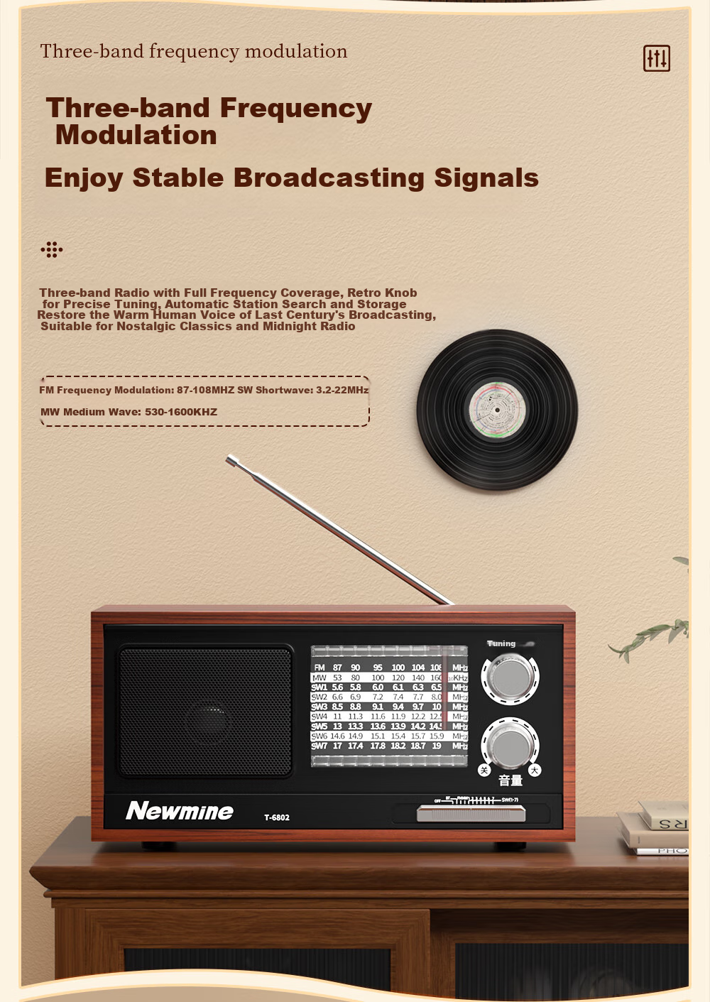 Радиоприемник Newmine T-6802, полнодиапазонный, ретро, настольный, с Bluetooth, для пожилых