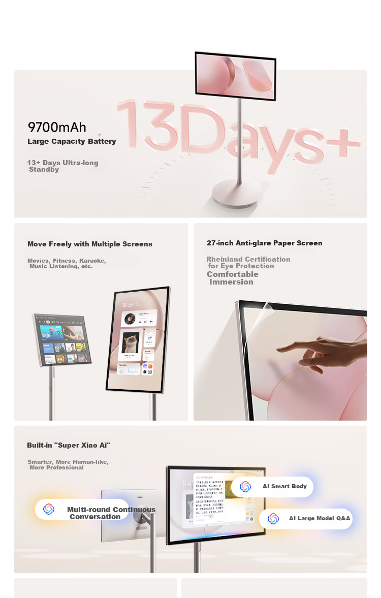 Умный экран Xiaomi Smart Home Screen Max 27, 27-дюймовый портативный развлекательный планшет с регулируемой высотой, 128 ГБ, длительное время работы от батареи, умный экран для подарка, фитнеса и обучения
