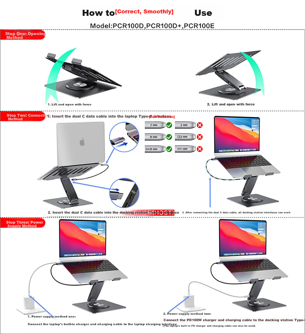 Hanzichen Стойка для ноутбука с док-станцией, 12 портов Type-C, 4K 60Hz, PD100W, алюминиевый сплав, вертикальная подставка, совместимая с Apple, Huawei, Xiaomi