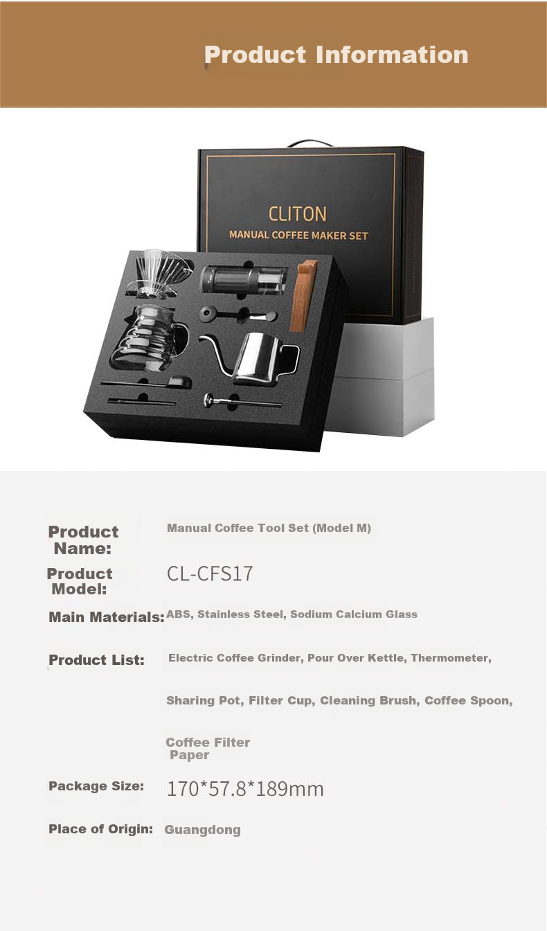 Ручная кофемолка CLITON, набор для приготовления кофе, ручная кофемолка, фильтр-чашка, чайник для капельного заваривания, подарочный набор