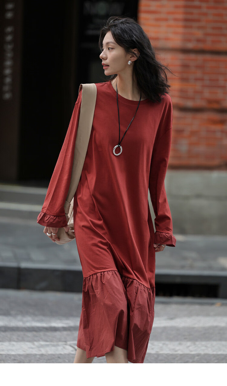 Платье Demana 2025 Spring Basic Versatile Patchwork Hem Crew Neck Pullover Long Sleeve Long Dress, размер S, кирпично-красный