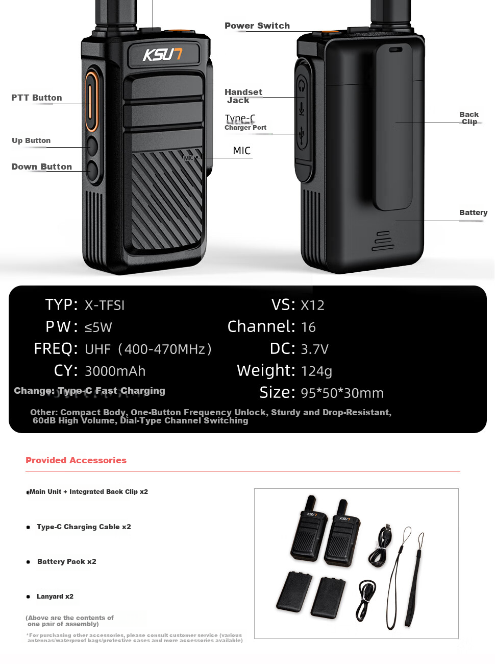 Рация KSUN TFSI X12, пара, 5 Вт, UHF, 16 каналов, дальность до 6 км, Li-Ion аккумулятор 3000 мАч, защита IP54