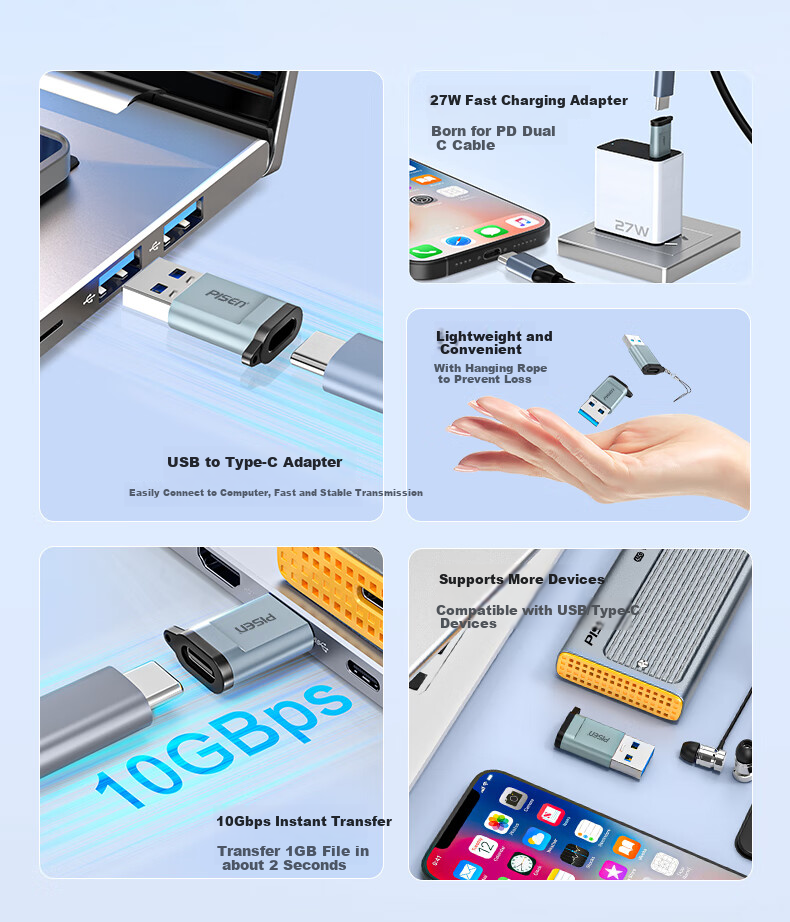 Адаптер PISEN USB 3.2 на Type-C OTG, 10 Гбит/с, для Apple, Huawei, Android, ноутбуков, черный