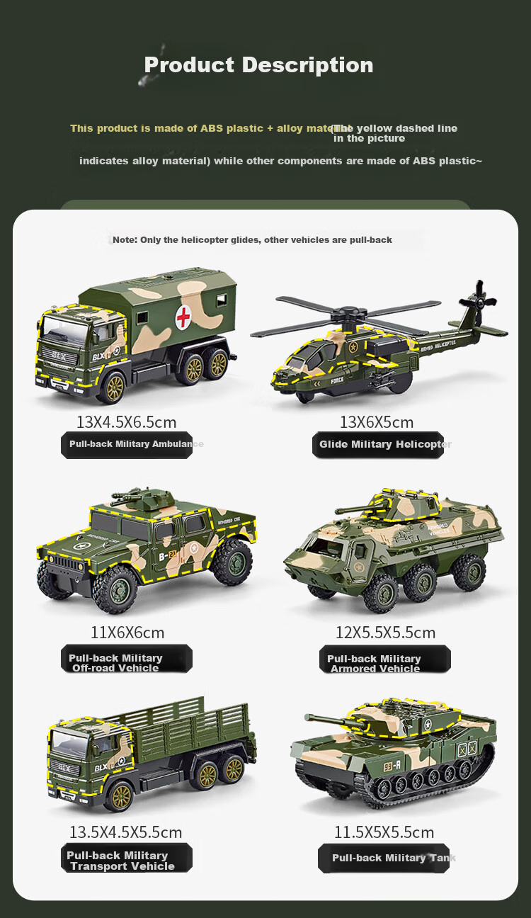 Набор игрушечных машинок BAOLE STAR TOYS, 6 шт., военная техника, инерционные, металлический корпус