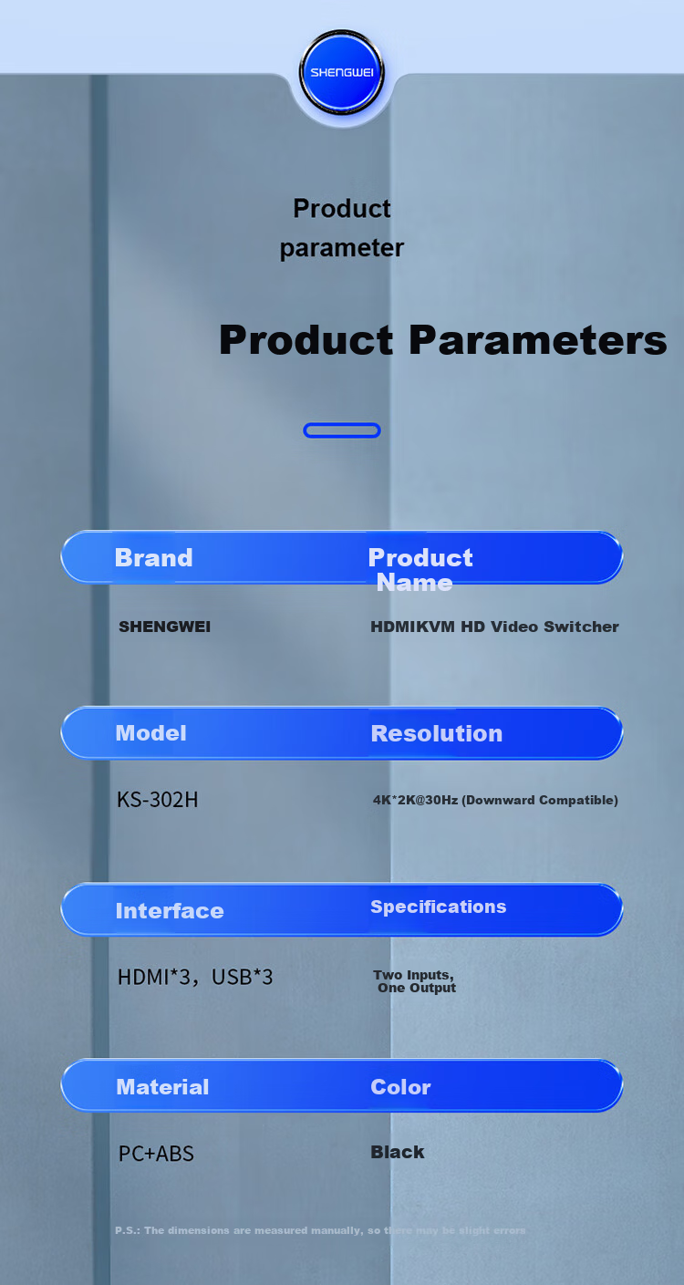 KVM-переключатель Shengwei KS-302H HDMI, 2 входа, 1 выход, 4K@30Hz, USB 2.0, для подключения двух компьютеров к одному монитору, клавиатуре и мыши