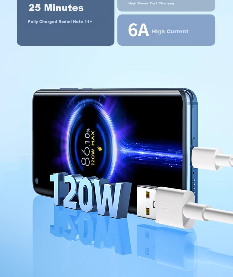 Кабель Nengshi Type-C, 6A, 1м, белый, для быстрой зарядки Xiaomi, Redmi, Black Shark