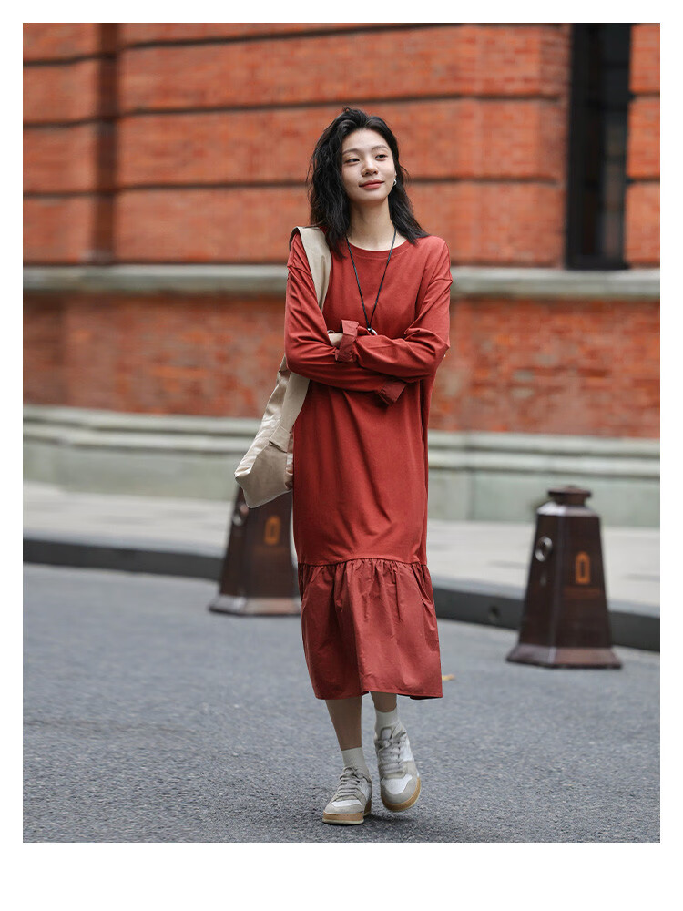 Платье Demana 2025 Spring Basic Versatile Patchwork Hem Crew Neck Pullover Long Sleeve Long Dress, размер S, кирпично-красный
