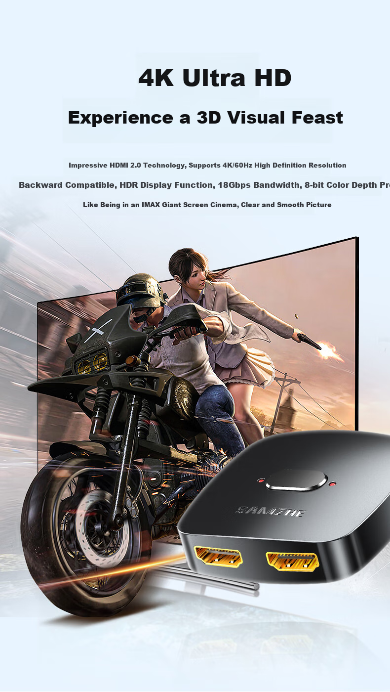 HDMI переключатель SAMZHE HV-300, 2 входа 1 выход, 4K 60Hz, HD, для ноутбука, монитора, проектора, сплиттер