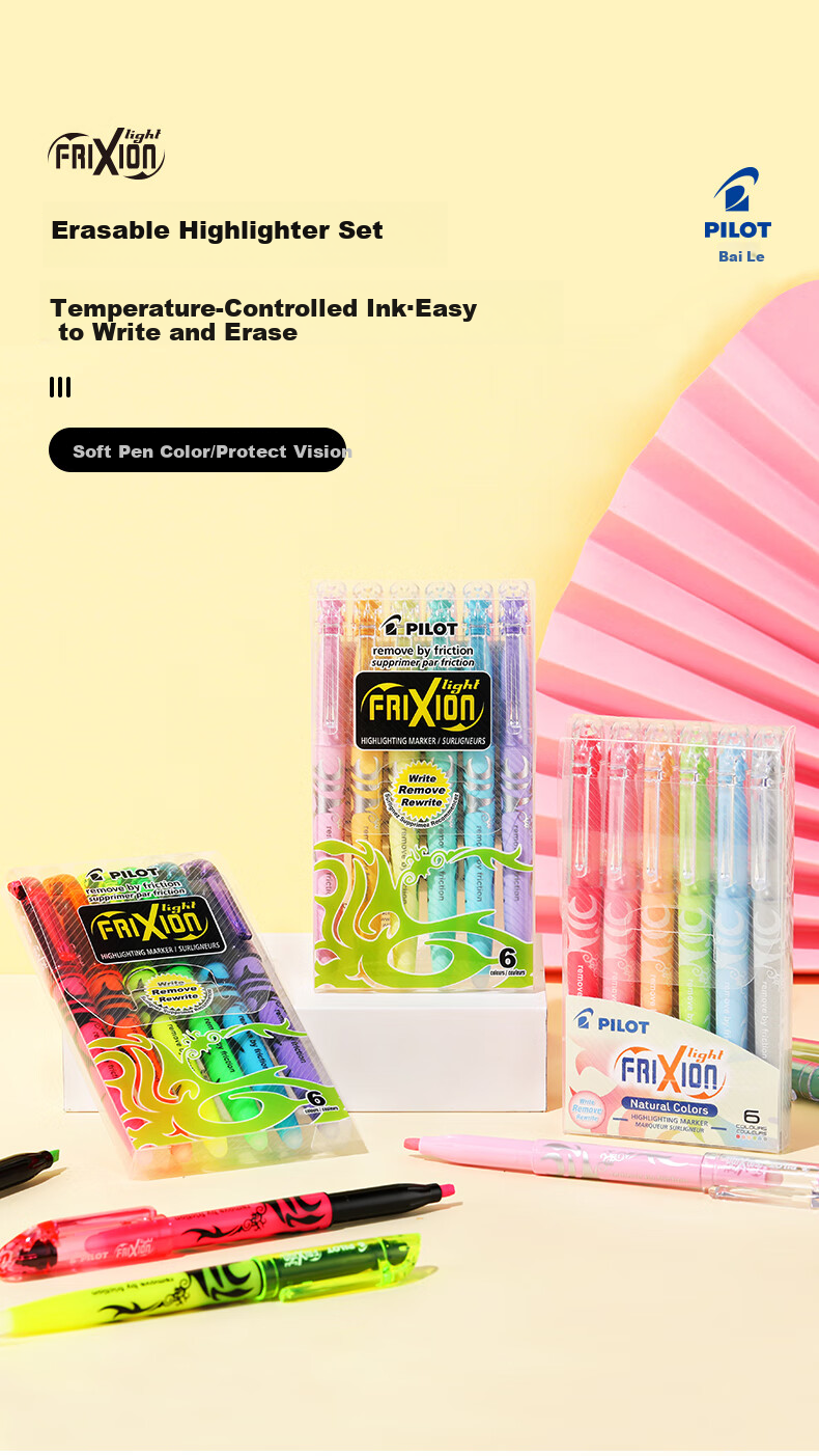 PILOT Erasable Highlighter Pen Set, Fluorescent Colors, 6 Colors