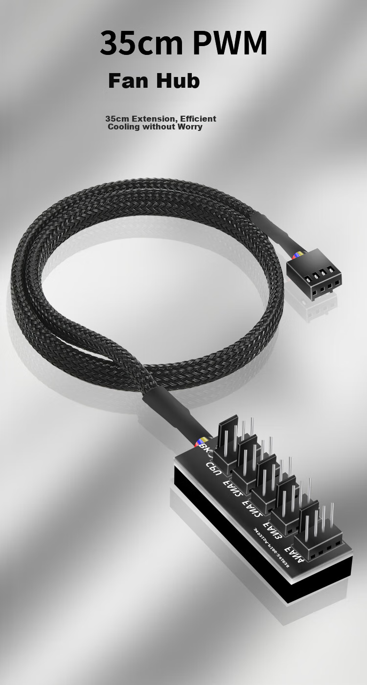 KELEPU Motherboard 4-Pin PWM Hub, Desktop Computer Case Fan Cable, 4-Pin One-To 35cm