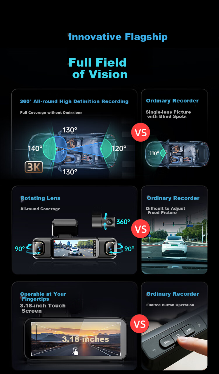 Видеорегистратор 360 AI Dash Cam G980, 3 камеры, 4K, ночное видение, GPS