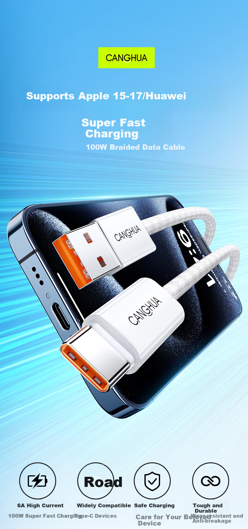 Кабель CangHua USB Type-C для быстрой зарядки, 6A, 1 метр, белый