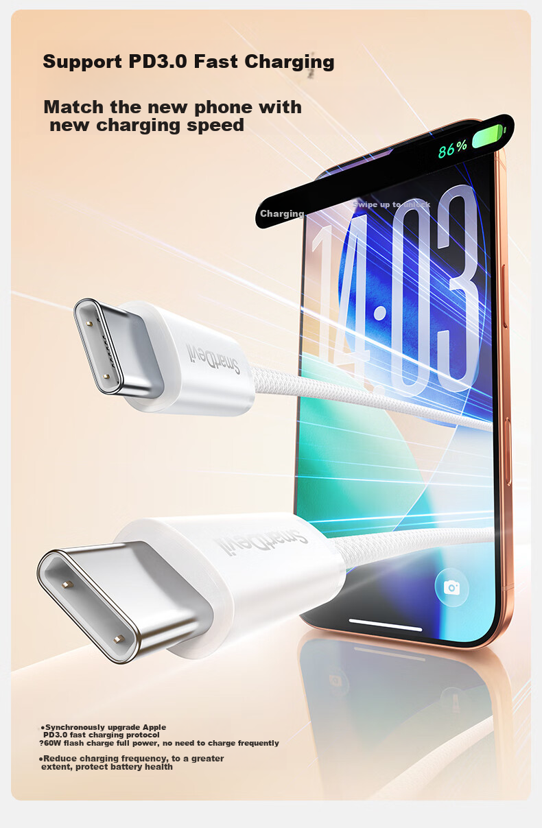 Кабель SmartDevil Apple 17/16/15 Type-C, кабель данных PD60W, для iPhone 17/16e/15 Pro Max, планшетов iPad, ноутбуков