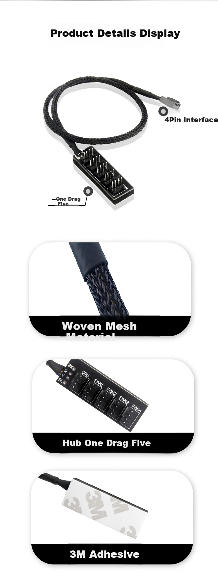 KELEPU Motherboard 4-Pin PWM Hub, Desktop Computer Case Fan Cable, 4-Pin One-To 35cm
