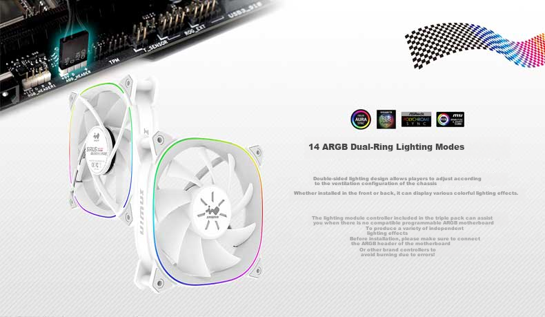 Компьютерный вентилятор INWIN ASE120P White 12cm ARGB, одинарный комплект (интеллектуальное управление скоростью PWM/синхронизация RGB материнской платы/двусторонние световые эффекты/интеллектуальная последовательная цепочка)